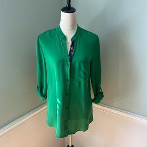 Green Diane von Furstenburg Gilmore Silk Roll-tab Tunic Shirt Button-Down Blouse